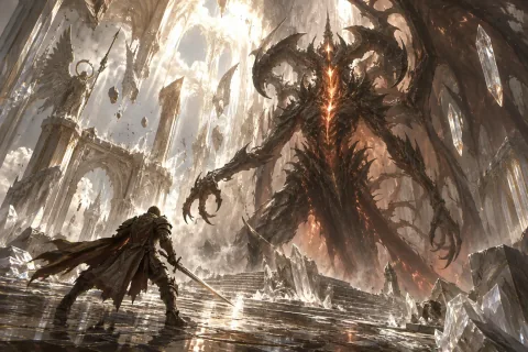 AI-reconstructed illustration — The Prime Evil Diablo appearing before the collapsing Crystal Colonnade of Heaven.