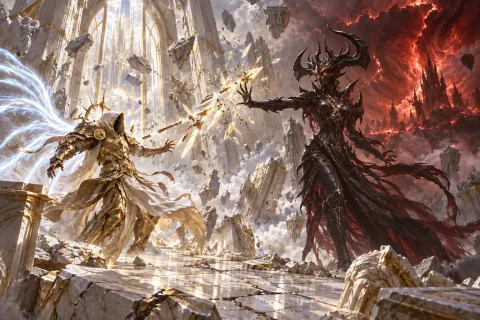 AI reconstructed illustration: Imperius's spear Solarion shatters as he battles the feminine Diablo Prime at the crumbling Diamond Gates.