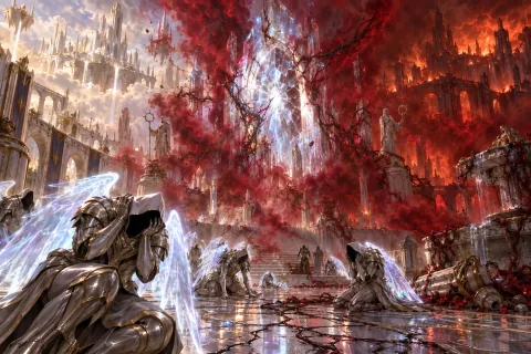 AI reconstructed illustration: The Crystal Arch of the High Heavens is corrupted by a dark red mist as angels cower in terror.