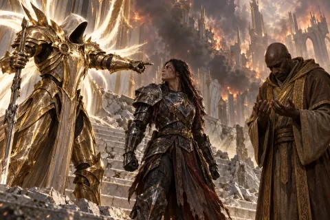 AI reconstructed illustration: The Nephalem stands between the angry Imperius and the mortal Tyrael, who looks at his hands in guilt.