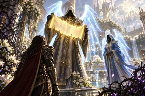 AI reconstructed illustration: Itherael shows the torn Scroll of Fate to the Nephalem and the rescued Auriel in the Gardens of Hope.
