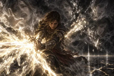 AI reconstructed illustration: The Nephalem shatters the dark illusions of Leah with a burst of golden-white light in the Realm of Terror.