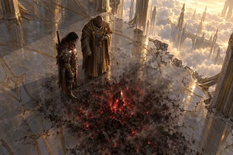 AI reconstructed illustration: The Nephalem and mortal Tyrael stare in silence at the Black Soulstone resting in Diablo's ashes.