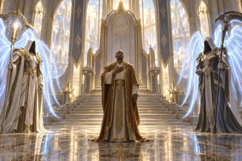 AI reconstructed illustration: Tyrael, as a mortal man in robes, takes his place as the Aspect of Wisdom before the Angiris Council.