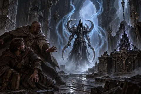 AI-reconstructed illustration — Malthael, the Aspect of Death, revealing himself before the Black Soulstone.