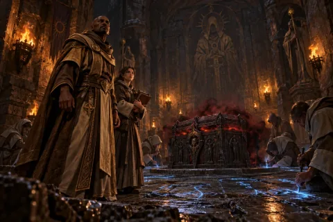 AI reconstructed illustration: Tyrael and young Lorath supervising the Horadrim sealing the Black Soulstone in the Tomb of Rakkis.
