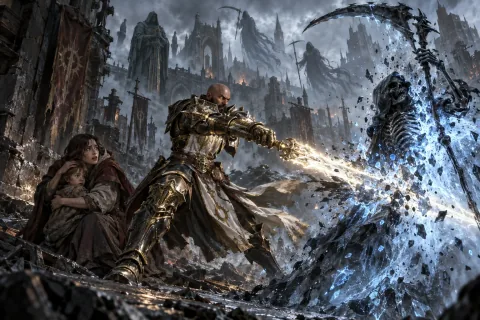 AI reconstructed illustration: The Nephalem protecting survivors from Malthael's Reapers in the ruined streets of Westmarch.