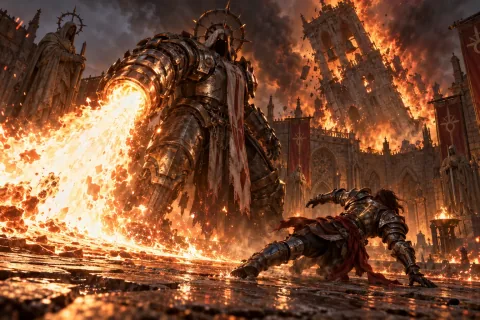 AI reconstructed illustration: The Nephalem battling Urzael amidst the burning ruins of the Zakarum Cathedral.