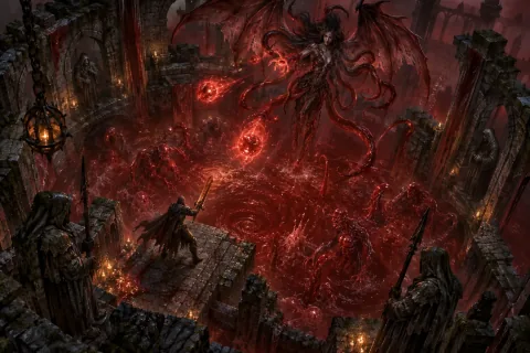 AI reconstructed illustration: The Nephalem confronting the mutated demon Adria in the Blood Marsh.