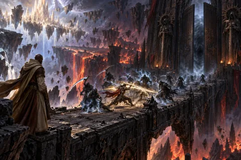 AI reconstructed illustration: The Nephalem fighting through soul guards at the gates of the Pandemonium Fortress.