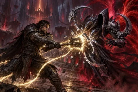 AI reconstructed illustration: The Nephalem shattering Malthael's sickles as he absorbs the power of the Prime Evils.