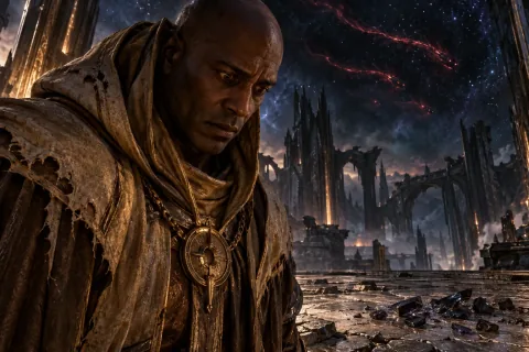 AI reconstructed illustration: Tyrael standing alone in the ruined fortress, filled with a new dread of the Nephalem's power.
