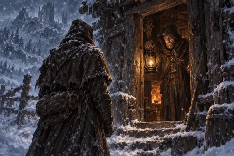 AI-reconstructed illustration — The Wanderer arriving at Lorath's cabin in the blizzard.