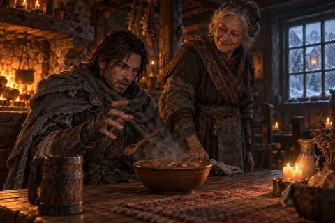 The Wanderer sits by a warm hearth in Nevesk, poisoned by Vani's stew.