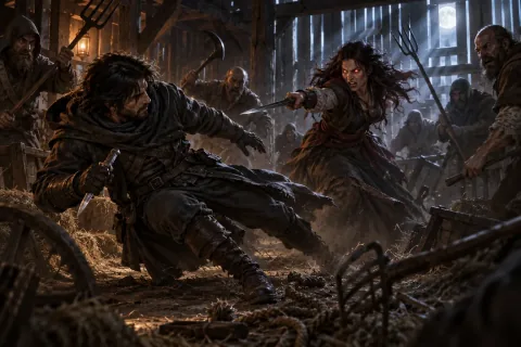 The Wanderer breaks free from ropes in a dark barn, fighting off crazed villagers.