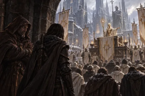 Reverend Mother Prava preaches in Kyovashad, while Lorath and the Wanderer watch skeptically.