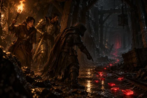 Neyrelle, Knight Vigo, and the Wanderer follow blood petals into the dark mine.
