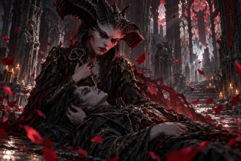 A vision of Lilith weeping over the body of Rathma, holding the key of Hell.
