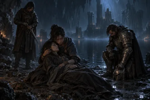 Neyrelle cradles her deceased mother Vhenard by the Black Lake, in deep grief.