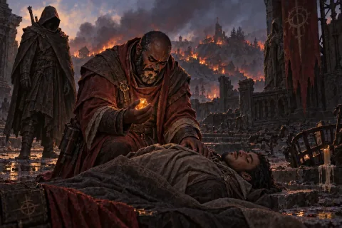 AI-reconstructed illustration — Donan losing his son Yorin before the flames of Cerigar.