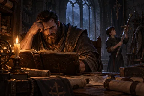AI reconstructed illustration: Donan studies ancient Horadrim texts in Firebreak Manor while his son Yorin admires his sword.
