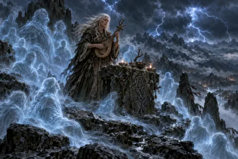 AI reconstructed illustration: Airidah plays a mournful tune at the Peak of Solitude, surrounded by restless spirits.
