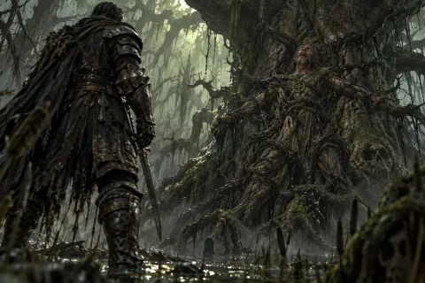 AI reconstructed illustration: Nafain, fused with a decaying oak tree in the swamp, begs the Wanderer for release.