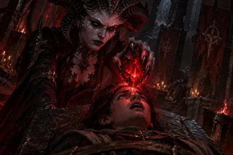 AI reconstructed illustration: Lilith prepares to embed Astaroth's red soulstone into the forehead of the paralyzed Yorin.