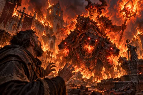 AI reconstructed illustration: Donan watches in horror as Astaroth, bearing Yorin's distorted face, attacks Cerrigar.