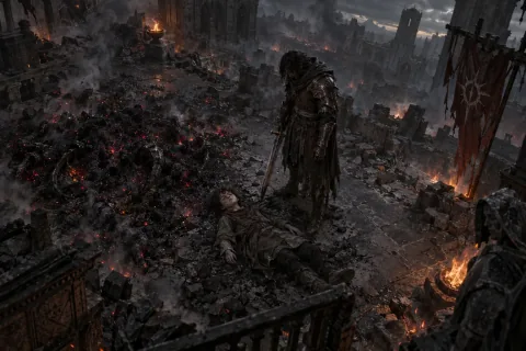 AI reconstructed illustration: The Wanderer stands over the lifeless body of Yorin after Astaroth dissolves into ash.