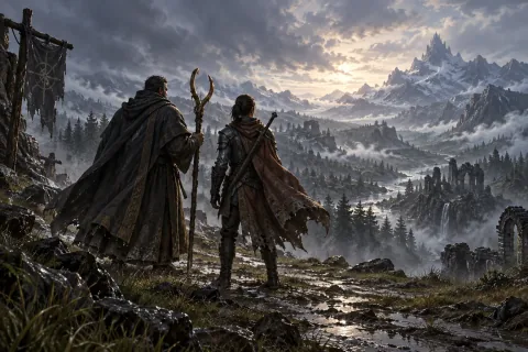 AI reconstructed illustration: Donan takes up his staff, resolving to hunt Lilith alongside the Wanderer.
