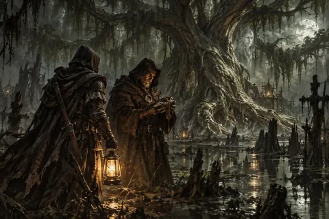 AI-reconstructed illustration — The Wanderer tracking Elias's secrets while facing the swamp and the Tree of Whispers.