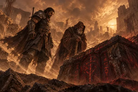 AI Reconstructed Illustration: Lorath Nahr and the Wanderer examining a blood-stained altar in the Dry Steppes.
