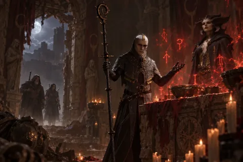 AI reconstructed illustration: Elias conducts a ritual around the altar holding Taissa while Lorath and the Wanderer arrive.