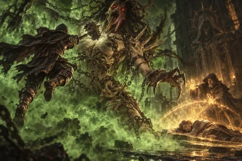 AI Reconstructed Illustration: The Wanderer battling the manifestation of Andariel while Lorath channels a protective spell.
