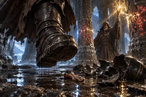 AI Reconstructed Illustration: The Wanderer destroying Elias's mummified toe to break his immortality inside the sunken temple.