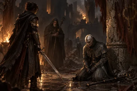 AI reconstructed illustration: The mortal Elias is defeated in the ruined fortress while Lorath mourns his fallen apprentice.