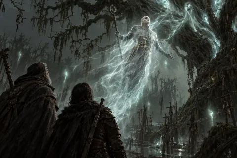 AI reconstructed illustration: The Tree of Whispers claims Elias's spirit while the Wanderer and Lorath watch.