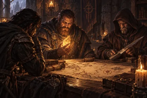 AI Reconstructed Illustration: The Wanderer, Lorath, and Donan gathering around a table with a Soulstone to prepare for Hell.