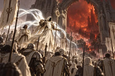 AI-reconstructed illustration — The procession of Inarius and the Knights Penitent marching to Hell.