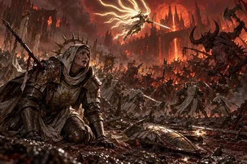 The Cathedral of Light army is slaughtered by demons in Hell, with Prava wounded.