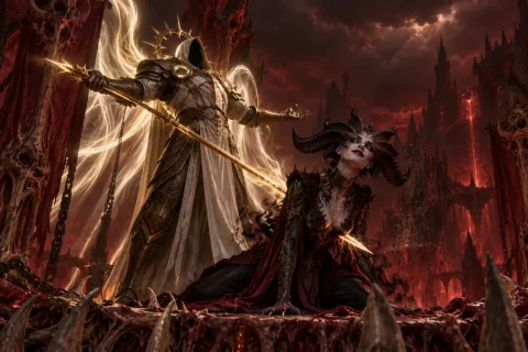 Inarius impales Lilith with his spear and waits in vain for a response from the High Heavens.
