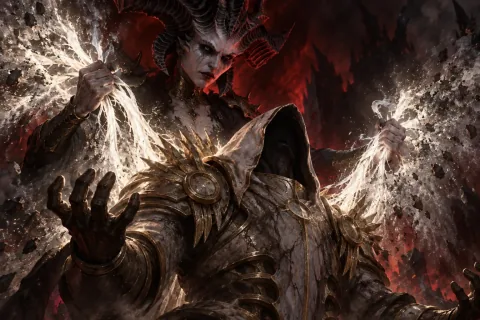 Lilith brutally tears away Inarius's energy wings, sealing the archangel's fall.