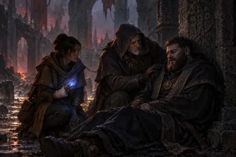 AI reconstructed illustration: Lorath and Neyrelle comfort an exhausted Donan in a desolate corridor of Hell.