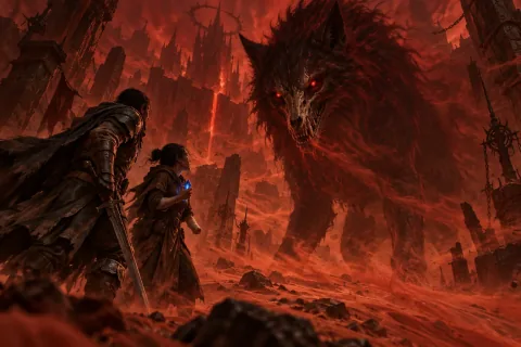 AI reconstructed illustration: The Wanderer and Neyrelle confront Mephisto's bloody wolf form in the red sands of Hell.