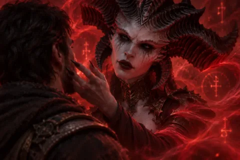 AI reconstructed illustration: Lilith appears in a crimson mist, whispering temptation to the conflicted Wanderer.