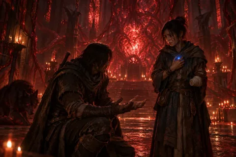 AI reconstructed illustration: The Wanderer entrusts the critical choice to Neyrelle in front of Mephisto's pulsating essence.