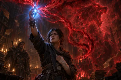AI reconstructed illustration: Neyrelle seals Mephisto's essence into the blue soulstone as the wolf's form dissolves.