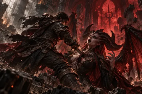 AI reconstructed illustration: The Wanderer drives his sword into Lilith's chest during their fierce battle in the ruined cathedral.