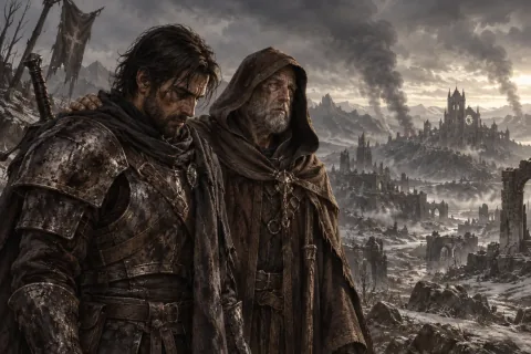 AI reconstructed illustration: The weary Wanderer and Lorath stand together amidst the bleak ruins of Sanctuary.